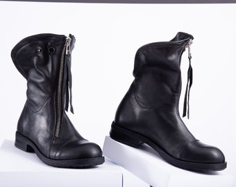 Bottes en cuir véritable noir pour femmes, bottes en cuir pour femmes, bottes d'hiver en cuir extravagantes, bottines en cuir pour femmes, bottes en cuir pour femmes