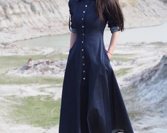 Vestido camisero largo de mezclilla azul marino, vestido largo