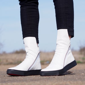 White Genuine leather Sneakers boots,Women Leather sneakers boots,White leather sneakers women,Women leather boots,White Leather boots
