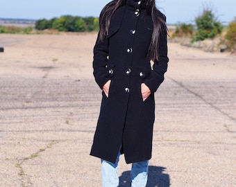 Black Wool Coat Women – Handmade Elegant Long Winter Coat, Designer Wool Overcoat with Buttons, Classic Warm Outerwear