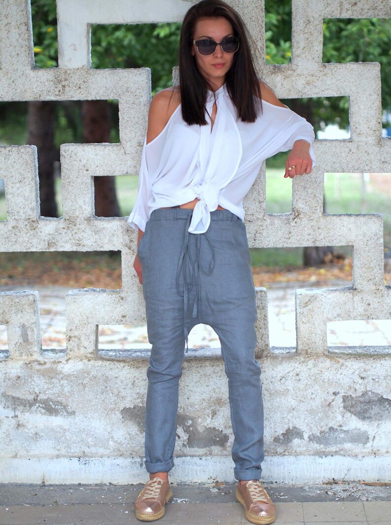 GREY linen pantsgrey drop crotch pantgslinen drop crotch pantswoman linen pants