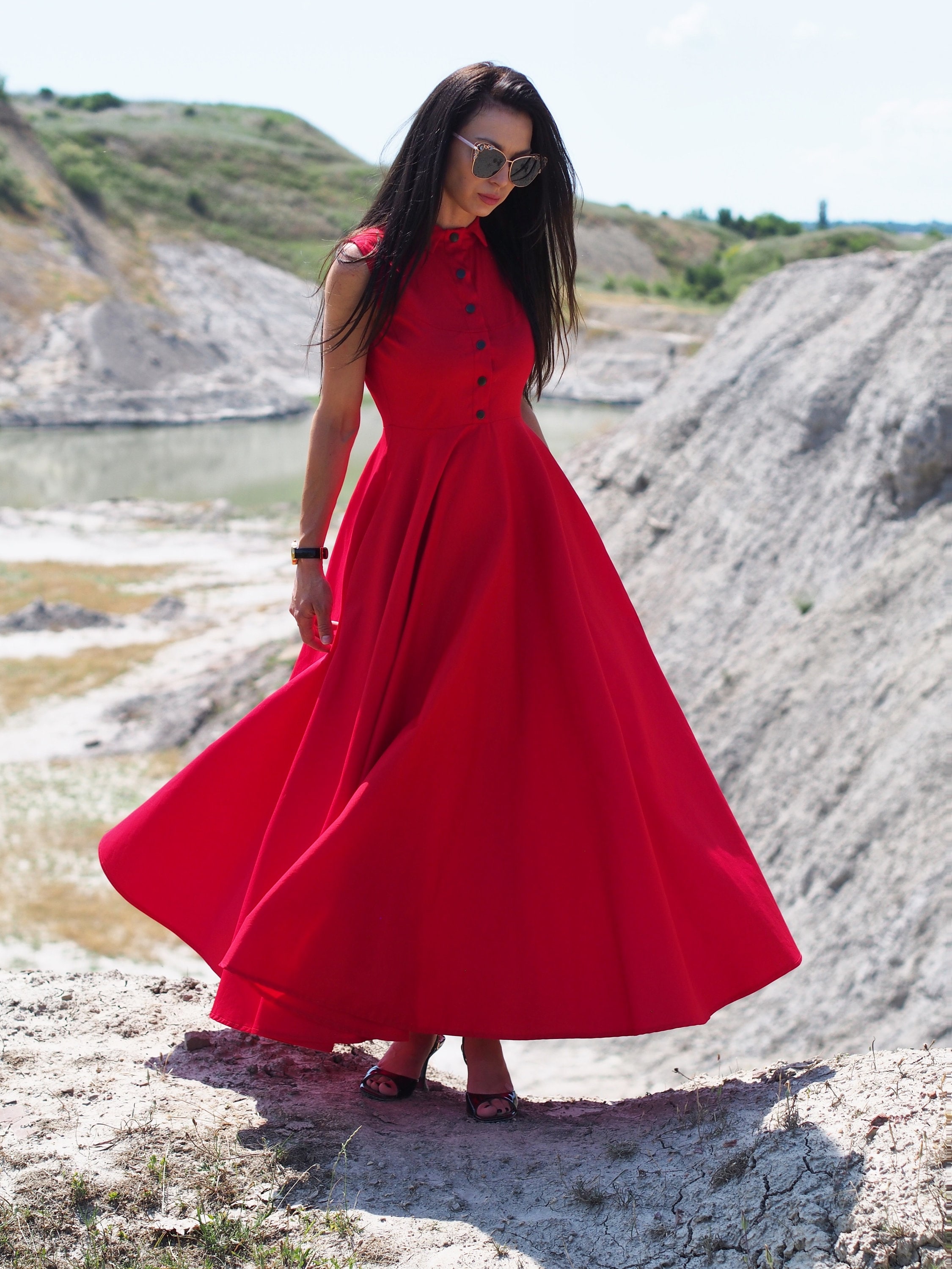Sleeveless Red Shirt Dress-Elegant Collared Maxi Dress with Buttons -Summer A-Line Cotton Dress,Long Red Maxi Dress, Women's Flared Red Gown