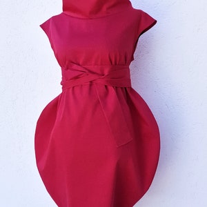 Bold Red Avant-Garde Cocoon Dress with Belt | High Neck Sleeveless Midi Dress | Sculptural Modern Fashion