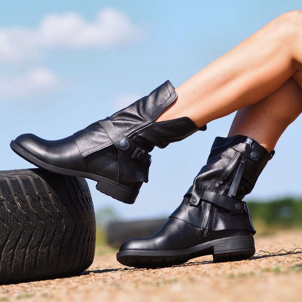 Botas de mujer de cuero genuino negro extravagante, botas de cuero para mujer, botas de invierno de cuero, botines de cuero de mujer, botas de cuero de mujer