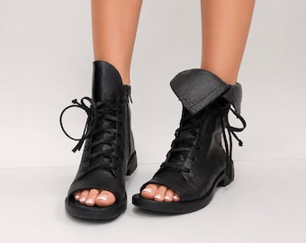 Damen-Sommerstiefel aus echtem Leder, Gladiatorensandalen aus Leder, Peeptoe-Stiefeletten, Stiefeletten mit offener Zehenpartie, Stiefeletten mit Cut-Outs