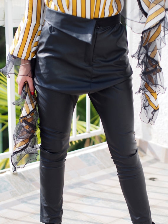 Black Drop Crotch Leather Pants/woman 