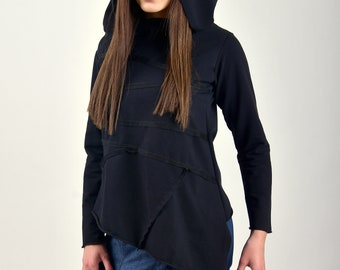 Dames asymmetrische top/asymmetrische sweater dames/zwarte asymmetrische blouse/zwarte dameshoodie