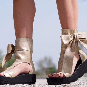 Women's Genuine Leather Summer Boots,Gold leather summer booties,Leather Sandals for women,Leather wedges sandals,Peep Toe Boot image 2