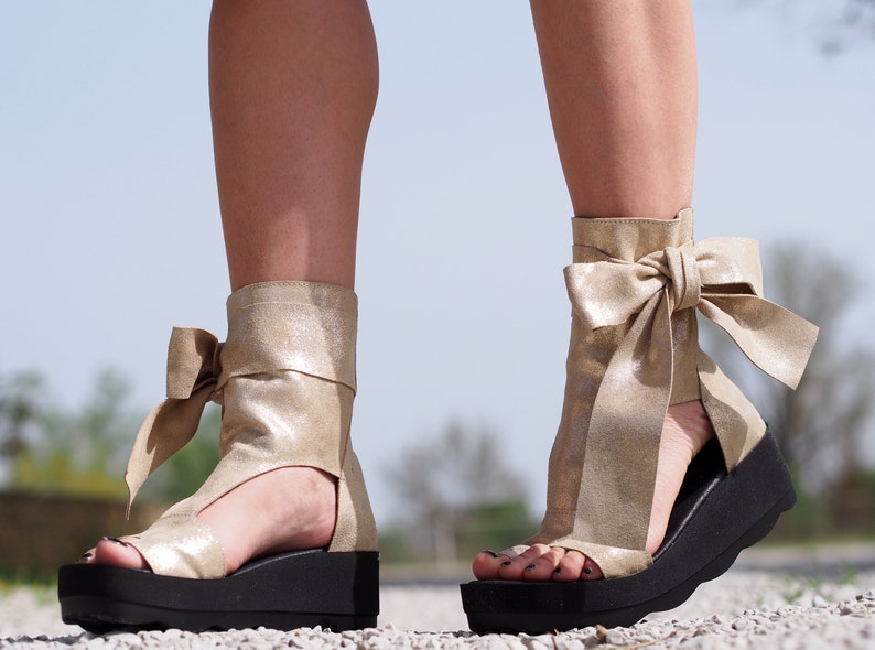 Women's Genuine Leather Summer Boots,Gold leather summer booties,Leather Sandals for women,Leather wedges sandals,Peep Toe Boot image 2
