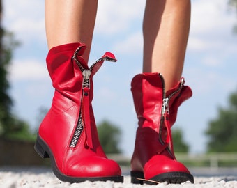 Extravagante Rote Echtleder Damen Stiefel,Leder Stiefel für Frauen,Frauen Echt Leder Stiefel,Winter Stiefel,Damen Leder Stiefeletten