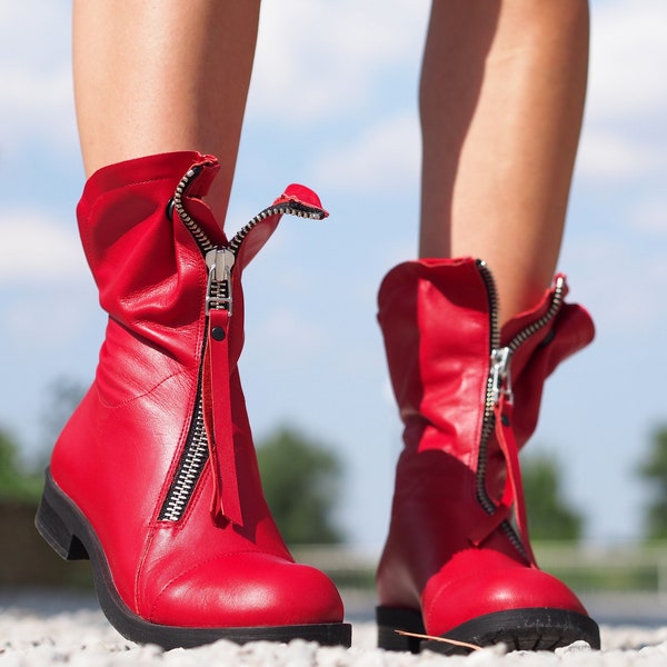 Extravagante Rote Echtleder Damen Stiefel,Leder Stiefel für Frauen,Frauen Echt Leder Stiefel,Winter Stiefel,Damen Leder Stiefeletten