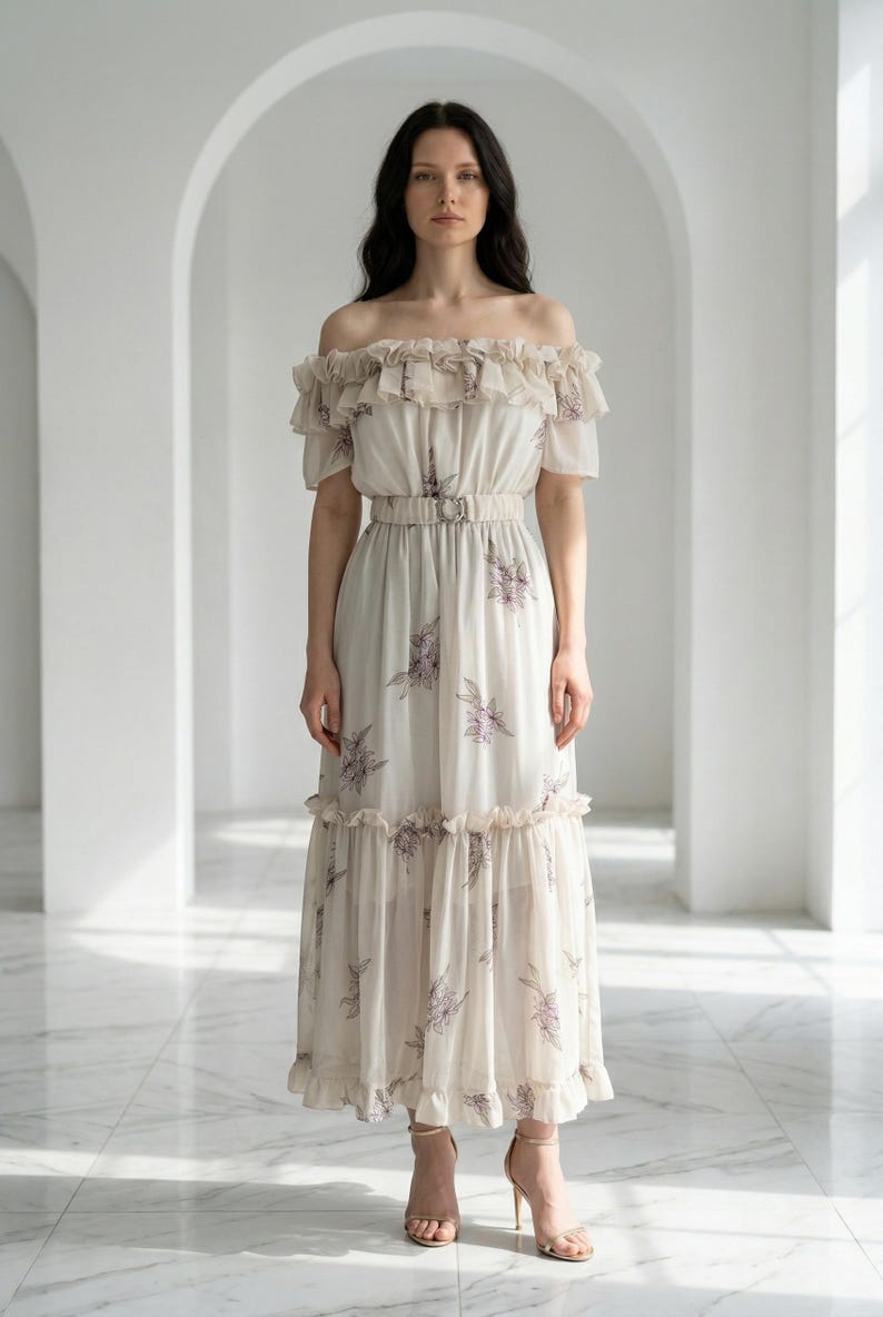 Chiffon Maxi Dress Floral Dress Off Shoulder Dress Boho Wedding Guest Dress Romantic Dress Elegant Summer Dress image 2