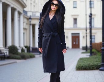 Long Wool coat women,women wool coat,Black wool coat,Wool Hooded coat,maxi coat,winter coat,plus size oversize wool coat