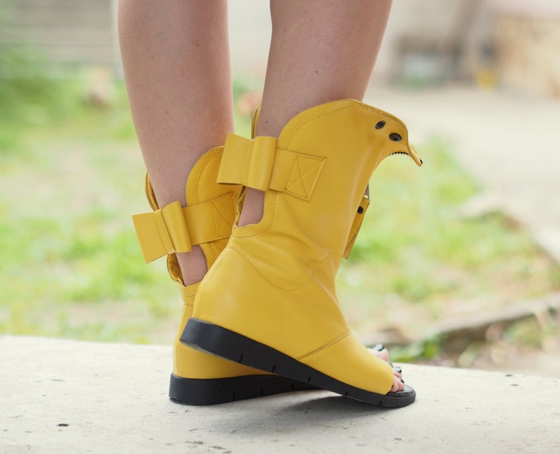 Yellow Genuine leather summer boots,Leather Gladiator Sandals,Peep Toe Boots,Open Toe Boot,Ankle Sandals,Steampunk Shoes,Gothic Sandals image 6