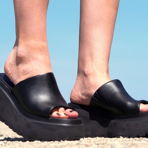 Women genuine leather wedges sandals,Black Leather sandals,Women platform sandals,Women open toe wedges,Leather Wedges sandals for women image 2