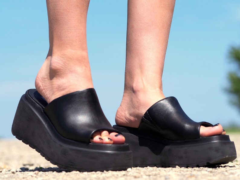 Women genuine leather wedges sandals,Black Leather sandals,Women platform sandals,Women open toe wedges,Leather Wedges sandals for women image 2