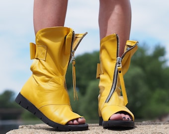 Women's Genuine leather summer boots,Yellow leather summer boots,Leather gladiator sandals,Women leather sandal boots,Leather summer boots