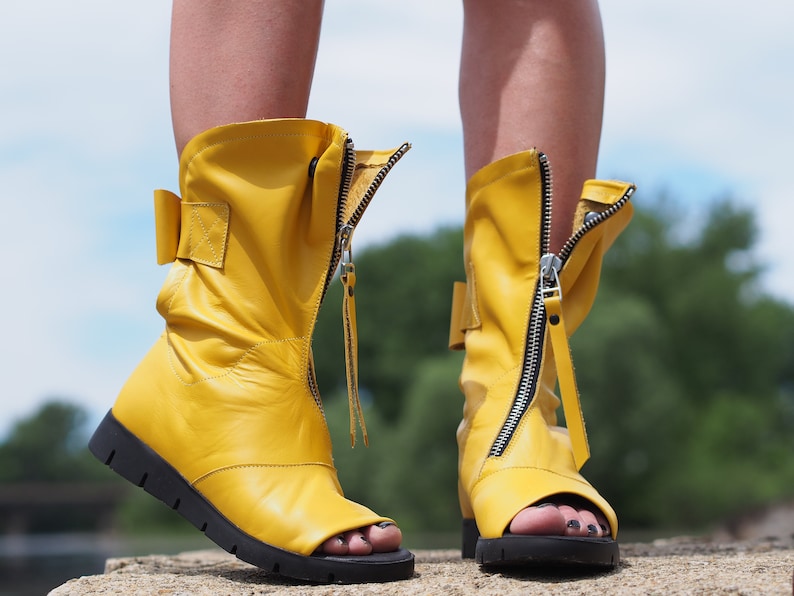 Yellow Genuine leather summer boots,Leather Gladiator Sandals,Peep Toe Boots,Open Toe Boot,Ankle Sandals,Steampunk Shoes,Gothic Sandals image 1