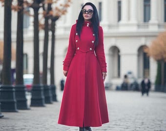 Women’s Red Wool Coat with Hood, Elegant Winter Maxi Coat with Lining, Zipper & Metal Buttons