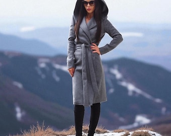 Grey Wool coat women,Long Winter coat,women wool coat,Wool Hooded coat,long wool coat women,maxi coat,winter coat