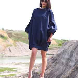 Oversized Denim Balloon Sleeve Dress –Minimalist Dark Blue Cotton Mini Dress –Avant-Garde Loose Fit Tunic Dress–Modern Architectural Fashion