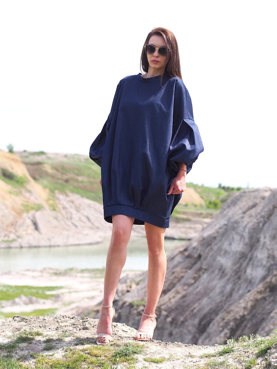 Oversized Denim Balloon Sleeve Dress -Minimalist Dark Blue Cotton Mini Dress -Avant-Garde Loose Fit Tunic Dress-Modern Architectural Fashion