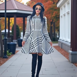 Luxury Black White Houndstooth Wool Coat | Elegant Long Winter Designer Coat | Handmade Womens Outerwear | Timeless Fashion Style