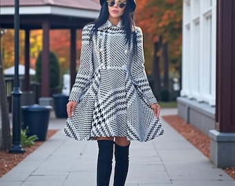 Luxury Black White Houndstooth Wool Coat | Elegant Long Winter Designer Coat | Handmade Womens Outerwear | Timeless Fashion Style