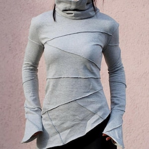 Grey Asymmetric Women’s Top – Elegant Long Sleeve Blouse, Minimalist Modern Fashion Shirt