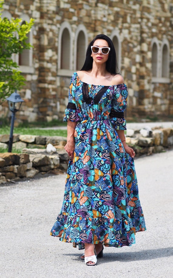 Colorful Boho off Shoulder Maxi Dress Butterfly Print Summer Dress With Flared Sleeves - Etsy Colorful Boho off Shoulder Maxi Dress Butterfly Print Summer Dress With Flared Sleeves - Etsy