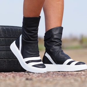 Echt leren damessneakers laarzen, zwarte echt leren sneakers laarzen, damessneakers laarzen, leren sneakers laarzen voor vrouwen