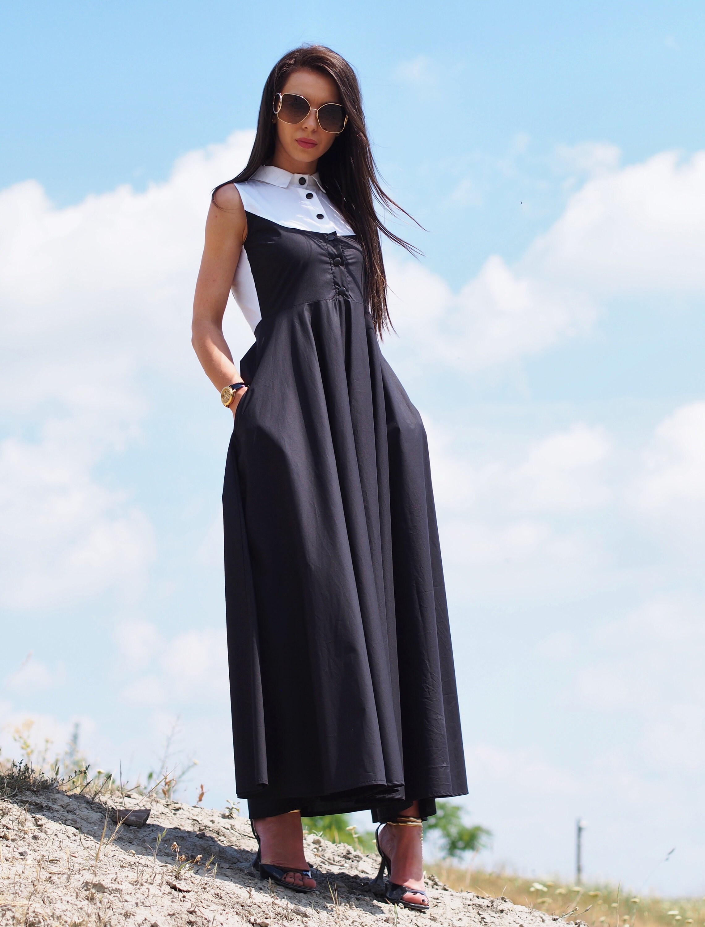 black a line dress with white collar White collar dress | Black | Women | KARL LAGERFELD