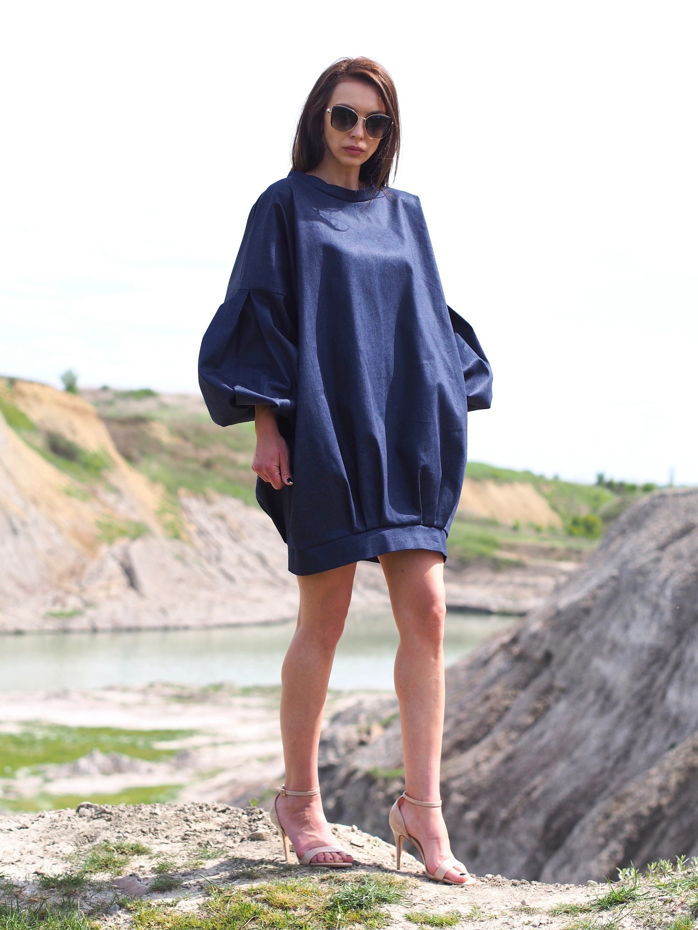 white christmas dresses V- Neck Puff Sleeve Denim Dress – Buxom Couture main image 1