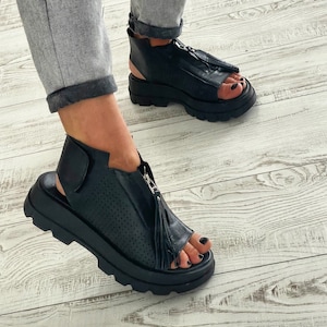 Women&#39;s Black Genuine Leather summer boots,Extravagant Leather sandals for women,Leather summer boots,Handmade Leather Sandals Boots