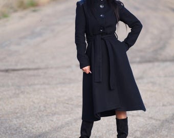 Black Wool Coat for Women|Long Belted Winter Coat | High Collar Wool Coat with Leather Details | Handmade Designer coat|Elegant Black Coat