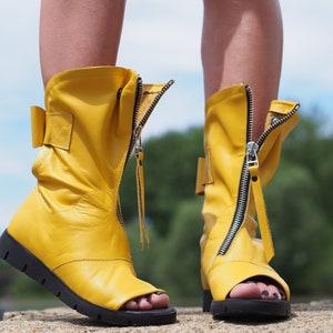 Yellow Genuine leather summer boots,Leather Gladiator Sandals,Peep Toe Boots,Open Toe Boot,Ankle Sandals,Steampunk Shoes,Gothic Sandals image 8