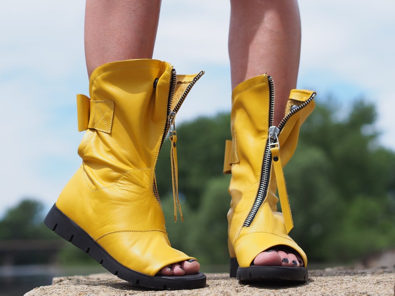 Yellow Genuine leather summer boots,Leather Gladiator Sandals,Peep Toe Boots,Open Toe Boot,Ankle Sandals,Steampunk Shoes,Gothic Sandals image 8