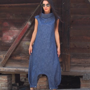 Sleeveless Long Denim Dress with Drop Crotch Cut – Minimalist Loose Fit Dress – Avant Garde Summer Dress – Unique Cotton Maxi Dress