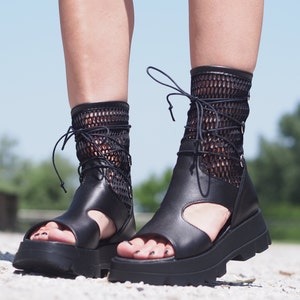 Black Genuine Leather Summer Boots,Open Toe Sandals,Woman Leather Summer Boots,Leather Gladiator Sandals,Women leather sandal,Open Toe Boots