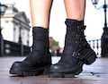 Handmade Black Leather Ankle Boots for Women | Chunky Sole Combat Boots with Buckles | Designer Gothic Punk Style Boots
