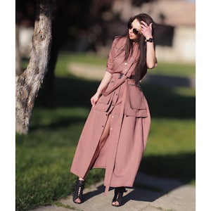 Utility Style Belted Shirt Dress – Long Button Down Dress with Pockets – Dusty Rose Safari Dress