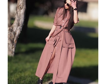 Utility Style Belted Shirt Dress – Long Button Down Dress with Pockets – Dusty Rose Safari Dress