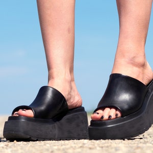 Women genuine leather wedges sandals,Black Leather sandals,Women platform sandals,Women open toe wedges,Leather Wedges sandals for women image 6