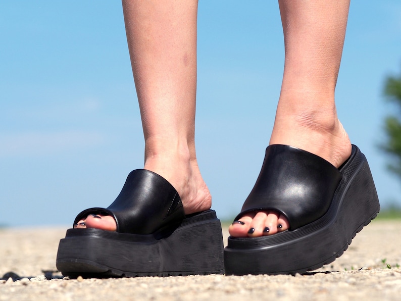 Women genuine leather wedges sandals,Black Leather sandals,Women platform sandals,Women open toe wedges,Leather Wedges sandals for women image 6