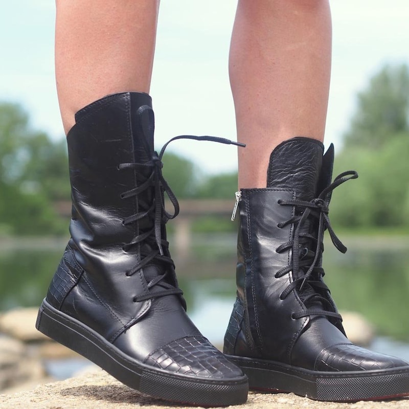 Floral Steampunk Pattern Print Men Women Leather Boots main image 1