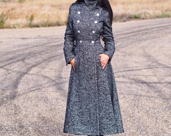 Black Wool Coat Women Long Military Coat Gothic Winter Coat Double Breasted Wool Maxi Coat Elegant Victorian Coat Warm Designer Outerwear