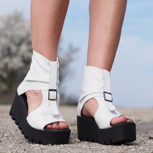 Women Genuine leather summer boots,White leather summer booties,Women leather wedges sandals,platform summer boots,Women leather sandals
