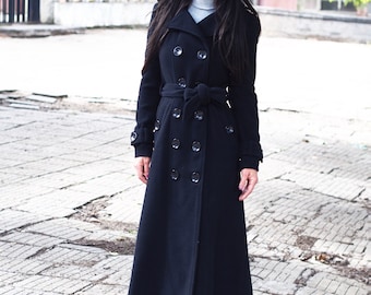 Manteau long de tranchée de laine, manteau long de cachemire de femmes, manteau de laine de femmes, manteau de laine noire, manteau noir de cachemire, manteau maxi, manteau long d'hiver