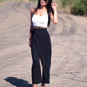 Elegant Black Wrap Palazzo Pants – High Waist Wide Leg Trousers, Minimalist Designer Pants for Women