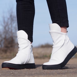 White Genuine leather Sneakers boots,Women Leather sneakers boots,White leather sneakers women,Women leather boots,White Leather boots